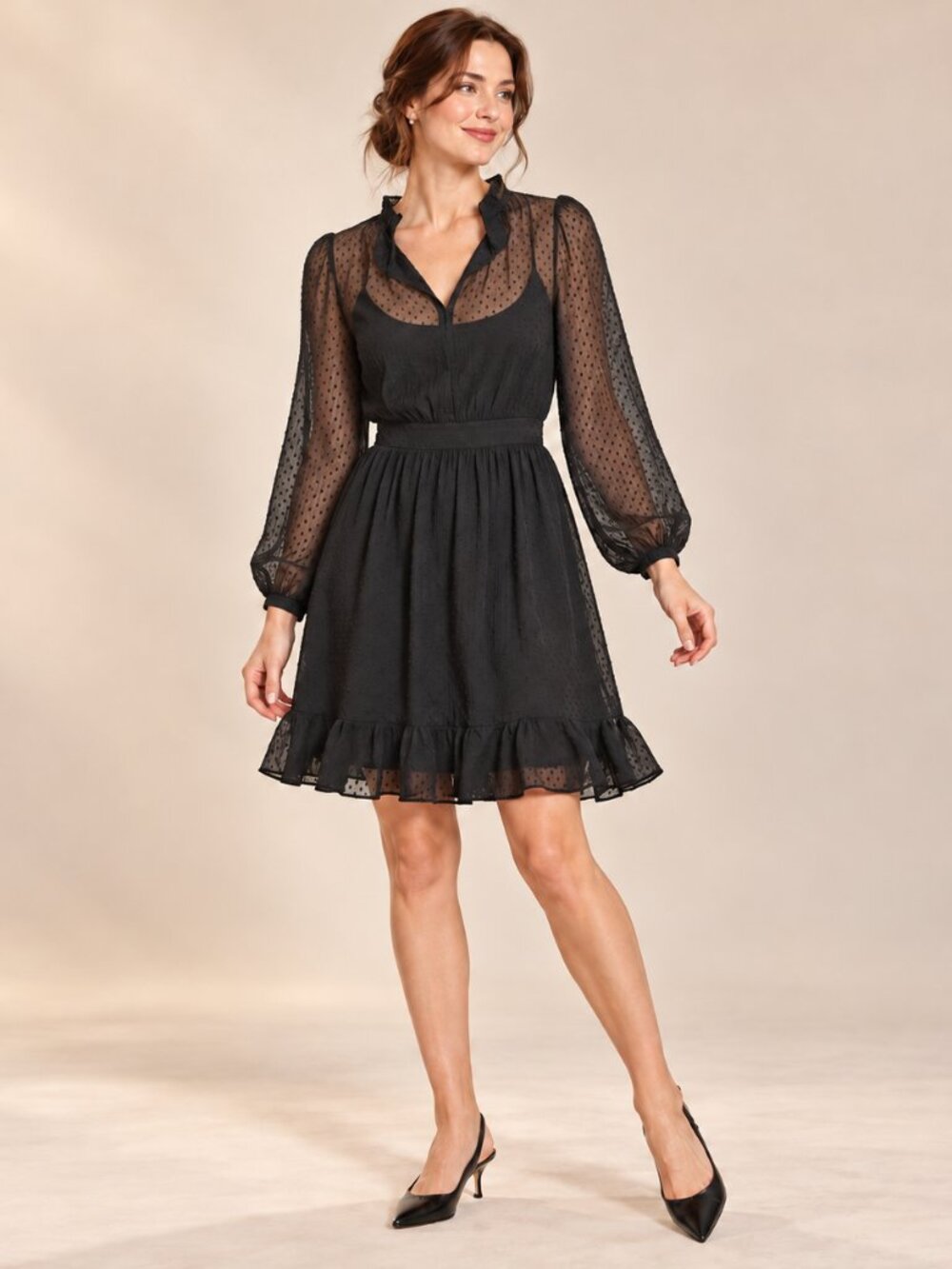 LOFT Black Textured Dot Dress Size 6 Sheer Balloon Sleeves Ruffle Hem